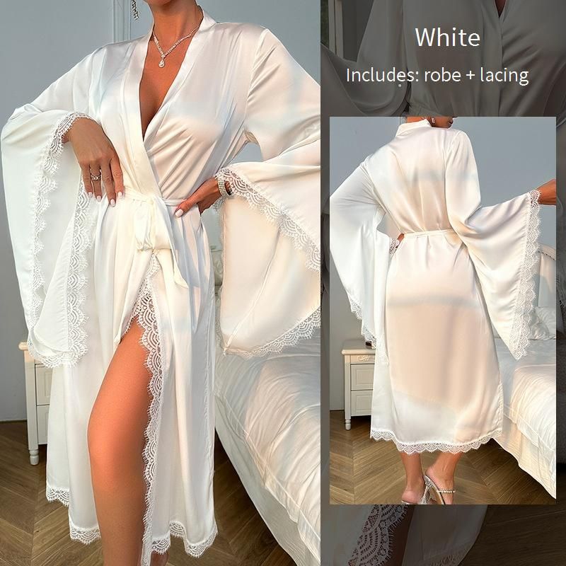 Women's Sleepwears New Satin Pajamas Women Lace Light Luxury Long Sleeved Cool Nightgown Bathrobe Home Clothes_voghion.com