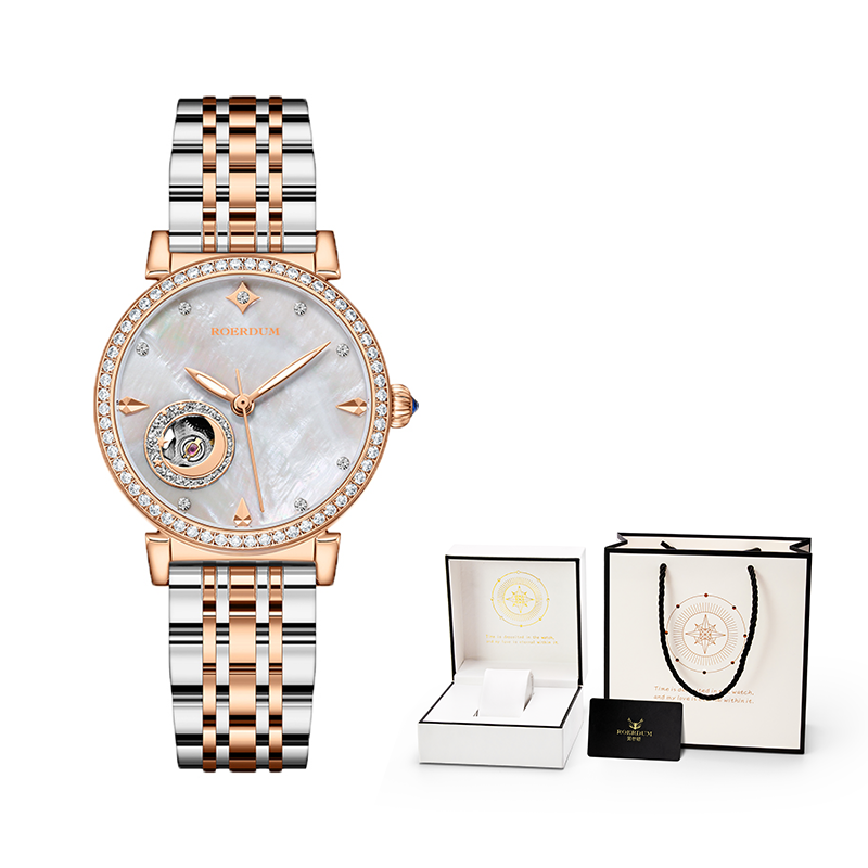 ROERDUM Royal Moonphase Collection - Mother-of-Pearl White Dial - Stainless Steel Bracelet - Fashionable & Exquisite Ladies' Automatic Watch_voghion.com