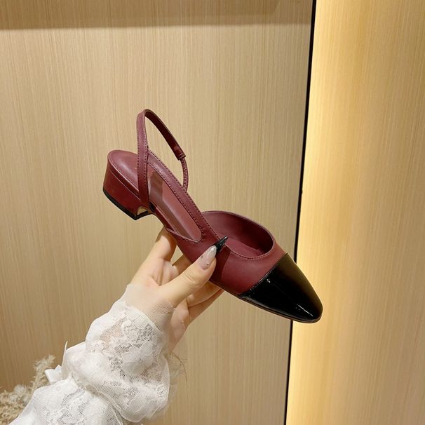 Burgundy New Style Chunky Heel Single Shoes For Women With Back Strap, Square Toe, Color Block, Mid Heel, Open Back,_voghion.com