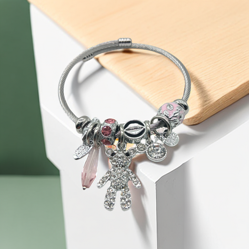 1 pieza pulsera de acero inoxidable con cuentas de diamantes de imitación oso personalidad pulsera de pareja ajustable pulsera de mujer_voghion.com