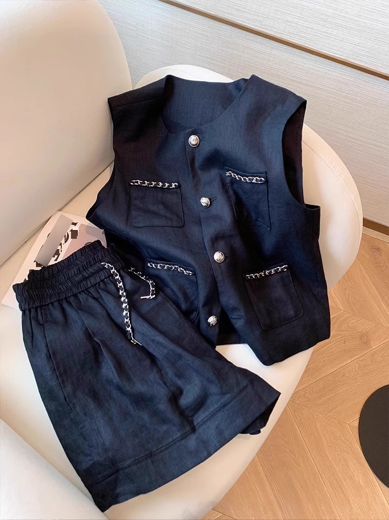 Retro Navy Blue Linen Slim Vest Suit Men And Women Summer European Fashion Casual Vest Shorts Two Piece Suit_voghion.com