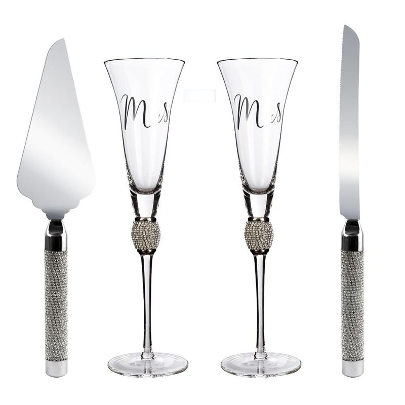 Verre à champagne à bord doré et diamant, ensemble de quatre pièces personnalisables avec couteau et spatule, ensemble de verres à vin et couteau à gâteau de luxe_voghion.com