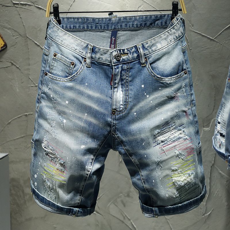 Abbigliamento maschile Jeans sfilacciati fatti a mano Pantaloncini personalizzati Pantaloni a cinque punte di medie dimensioni_voghion.com
