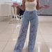 High Waist Wide Leg Pants For Women 2025 Summer Fashion Lace Trim Denim Flowy Trousers_voghion.com