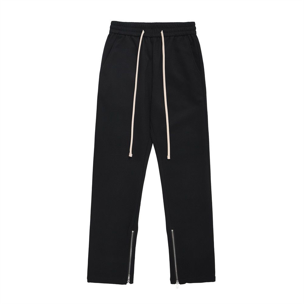 Men's simple trouser zipper casual pants street fashion brand solid color loose drawstring elastic waist straight leg track pants_voghion.com