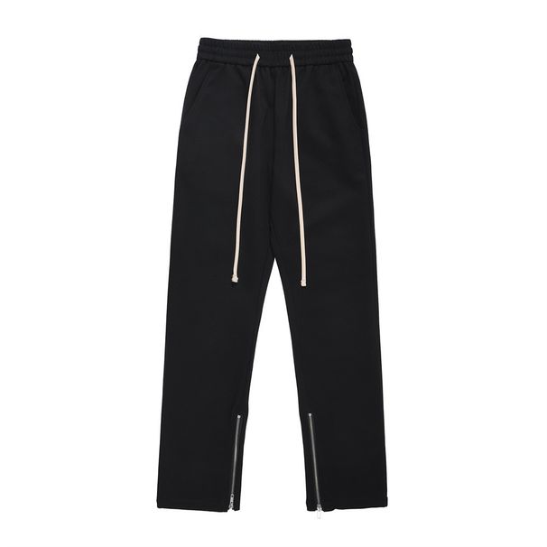Men's simple trouser zipper casual pants street fashion brand solid color loose drawstring elastic waist straight leg track pants_voghion.com