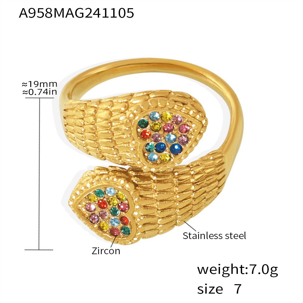 Anello da donna regolabile con motivo a serpente e doppio cuore con pietre di zircone colorate, in acciaio inossidabile placcato PVD, elegante anello regalo._voghion.com