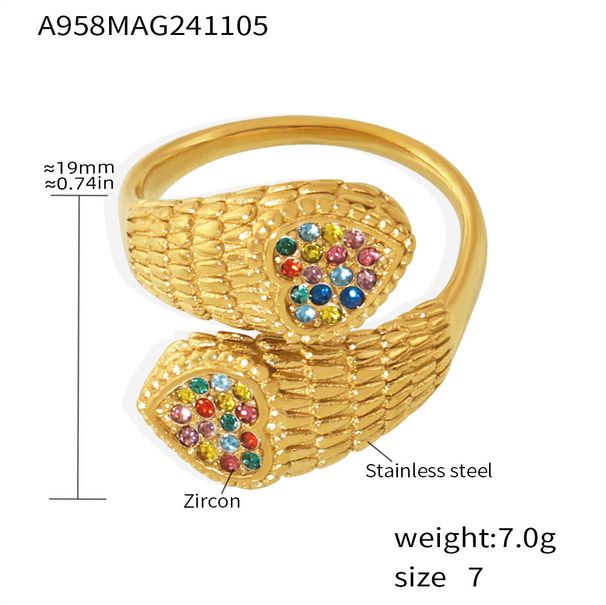 Anello da donna regolabile con motivo a serpente e doppio cuore con pietre di zircone colorate, in acciaio inossidabile placcato PVD, elegante anello regalo._voghion.com