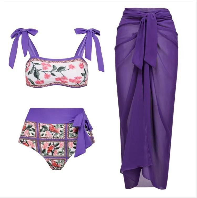 Women's Hip-wrapped Three-piece Swimsuit Color-blocking Printed Beach Sun Protection Clothes_voghion.com