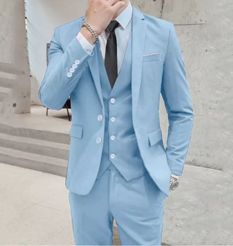 Costume d'affaires décontracté pour hommes, costume trois pièces bleu pour garçon d'honneur, banquet de mariage_voghion.com