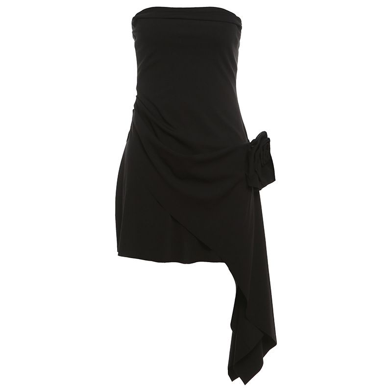 Damenbekleidung Temperament Blumendekoration Einfarbig Rückenfreies Tube-Top-Kleid_voghion.com