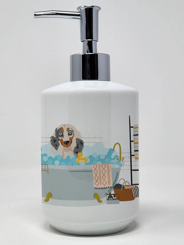 Longhair Cream Dapple Dachshund Ceramic Soap Dispenser Hand Soap Dispenser Pump Bottles for Bathroom Kitchen, Empty Refillable Liquid Soap Container_voghion.com