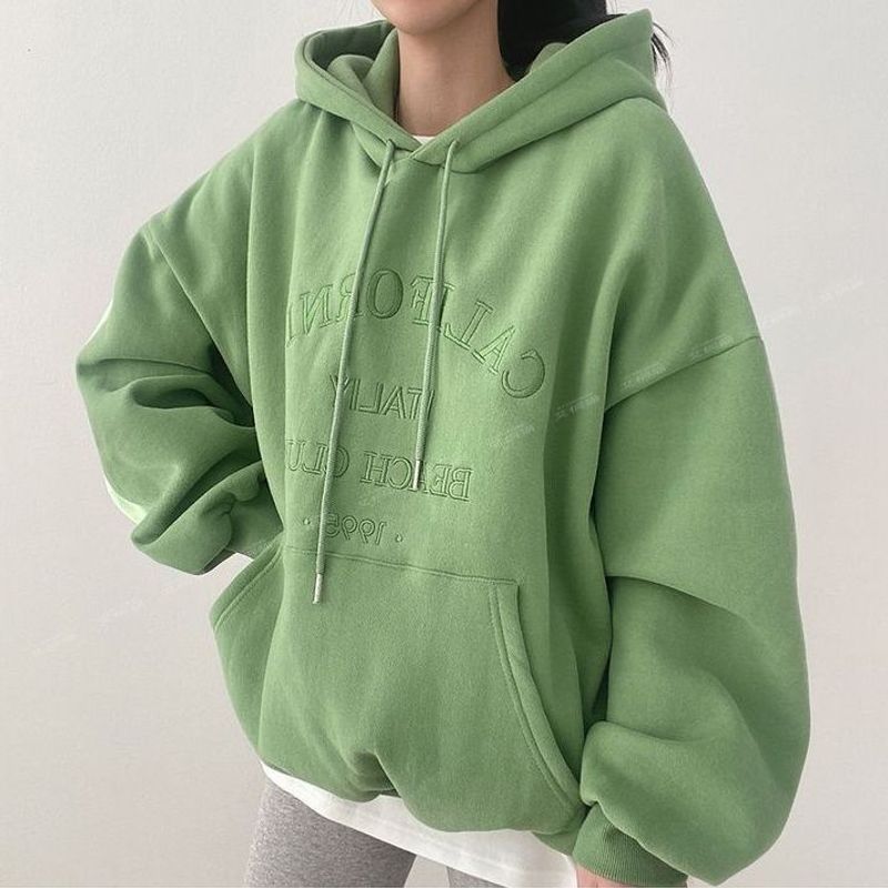 Felpa con cappuccio sportiva coreana in cotone blu a 4 colori per donna in primavera, autunno e inverno, design sottile e casual con scollo rotondo_voghion.com