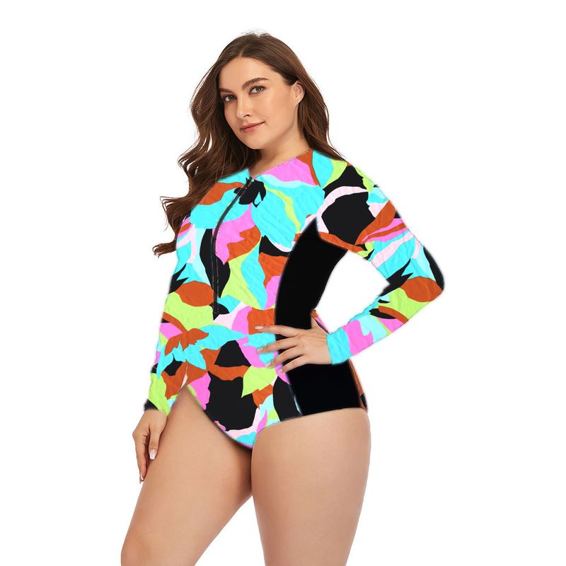 Maillot de bain une pièce, col mi-haut, fermeture éclair, manches longues, triangle conservateur, charmant, imprimé violet, grande taille_voghion.com