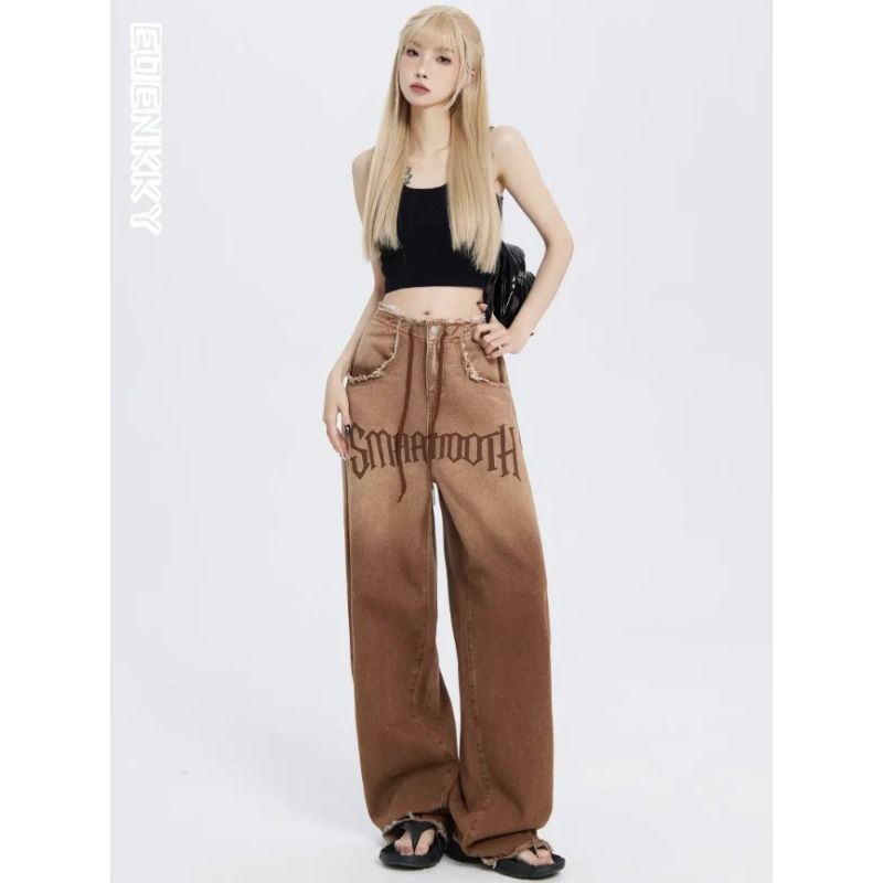 JeansY2K – pantalon dégradé Design à bord brut, jean droit rétro pour femmes, Streetwear, taille haute, jambes larges, pantalon de Jogging Vintage marron_voghion.com