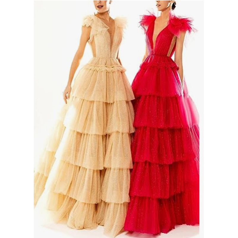 Women's long pleated personality high-end atmosphere V-neck sleeveless sexy catwalk banquet bridesmaid dress_voghion.com