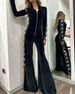 Women's Fashion velvet splicing printed long-sleeved wide-leg jumpsuit_voghion.com