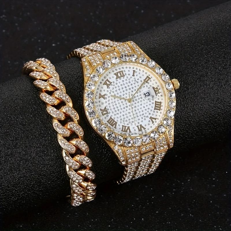 Kubanisches Hip-Hop-Herrenarmband aus Stahl, gefälschte Diamantuhr, modisches Uhrenset_voghion.com