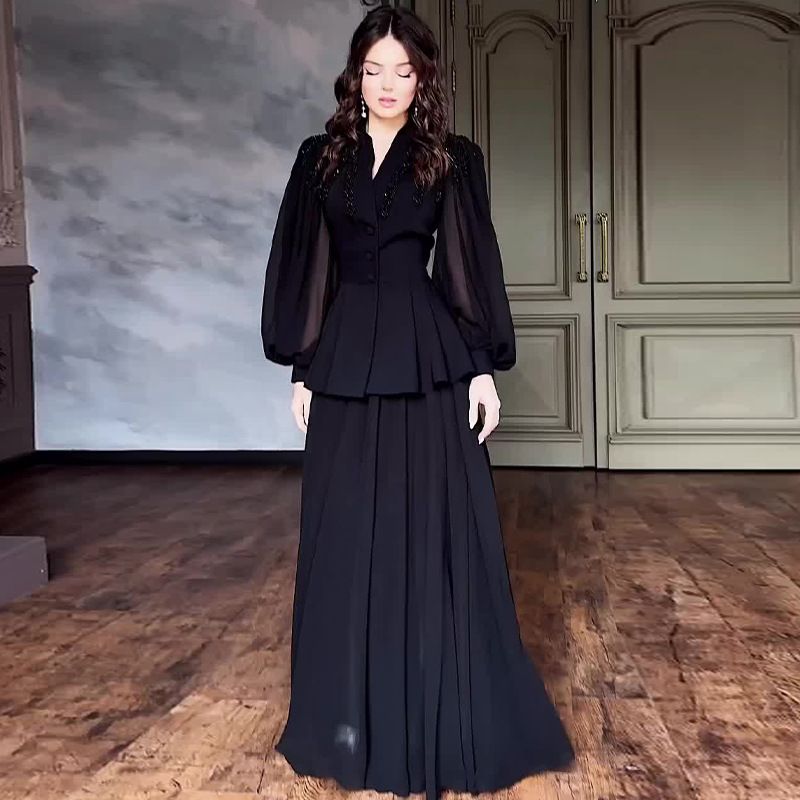 Vêtements pour femmes couleur unie coupe ajustée haut tempérament élégant jupe longue ensemble deux pièces_voghion.com