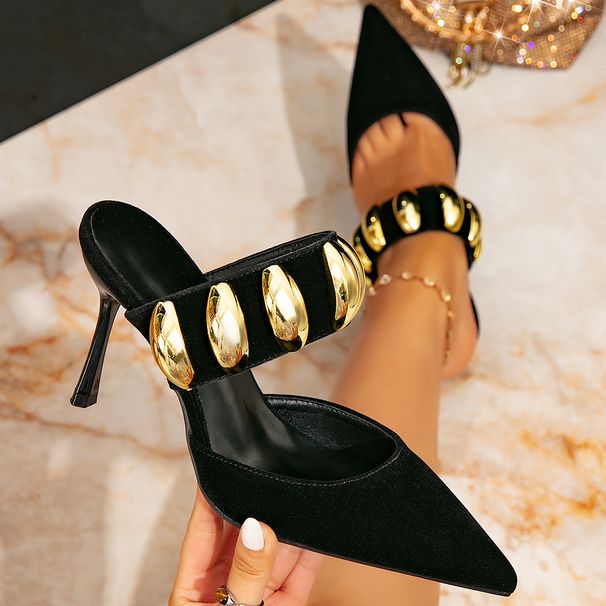 Women's High Heeled Sandals Black Plush Fashionable Simple Pointed Toe Slip On High Heeled Women's Shoes_voghion.com