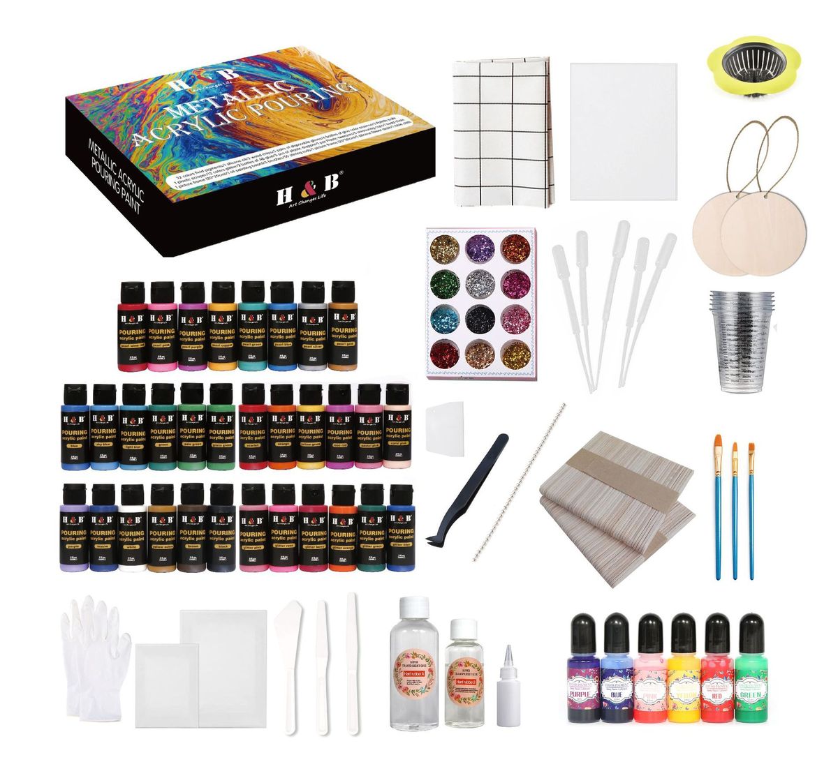 Set de pintura acrílica de 32 colores para arte fluido: incluye colores metálicos y aceite de silicona para efectos de celdas impactantes._voghion.com