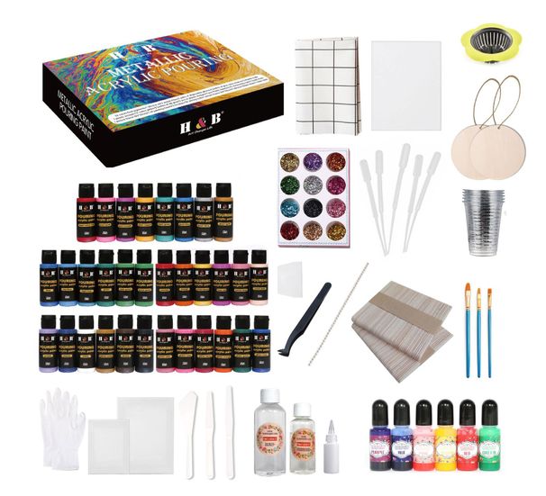 Set de pintura acrílica de 32 colores para arte fluido: incluye colores metálicos y aceite de silicona para efectos de celdas impactantes._voghion.com