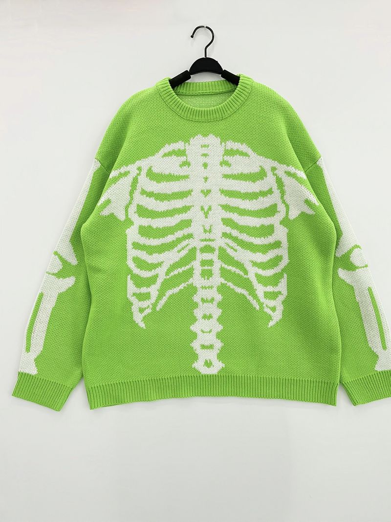 Pull jacquard tête de mort à contraste de couleurs, commerce extérieur transfrontalier, européen et américain, pull ample et décontracté pour Halloween, automne et hiver_voghion.com