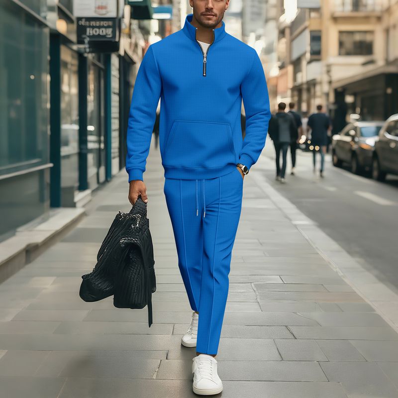 Herren-Set aus Waffelstrickpullover mit halbem Reißverschluss und Hose – lässiges Lounge-Outfit mit langen Ärmeln für den Herbst (Schwarz, Grau, Khaki, Weiß, Blau)​_voghion.com