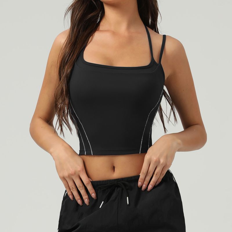 Clothing New Nude Contrast Color Yoga Tight Sports Underwear Women's Spaghetti Strap Fiess Clothes Top Vest_voghion.com
