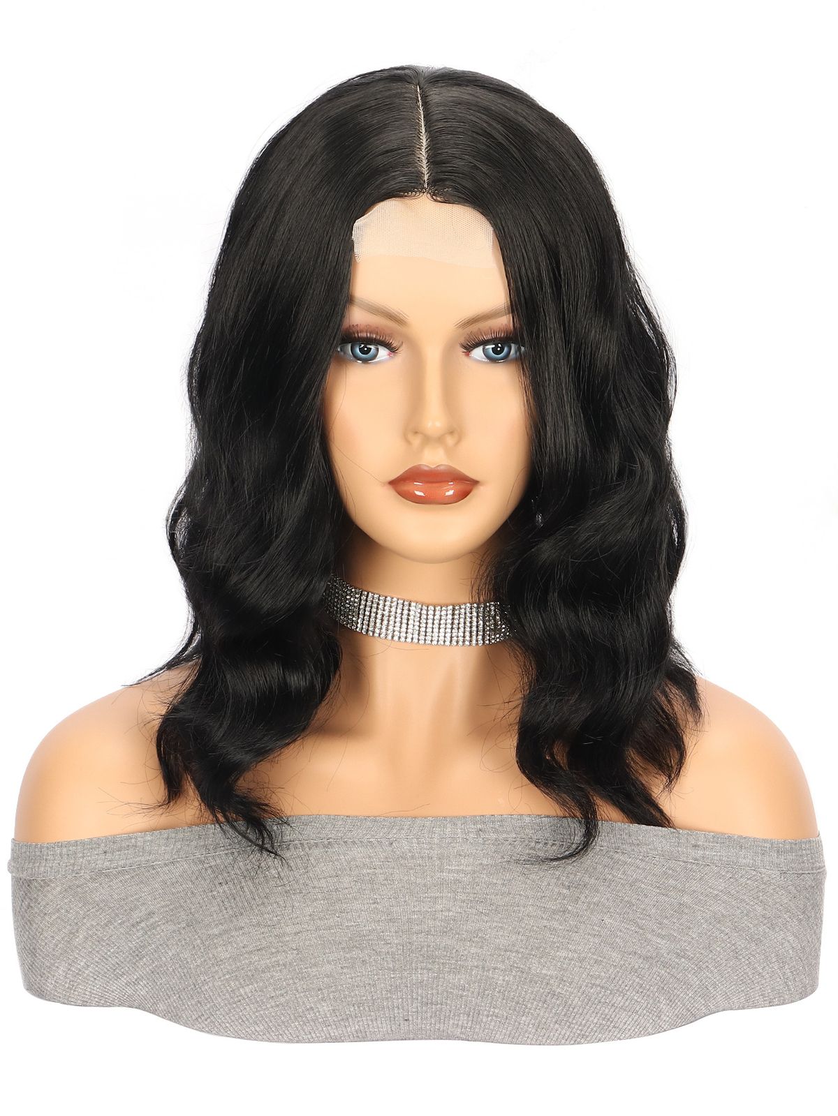 Peruki syntetyczne na klipsy Peruki z małą koronką Peruki syntetyczne Brązowe pasemka Fale wodne Krótkie kręcone włosy_voghion.com