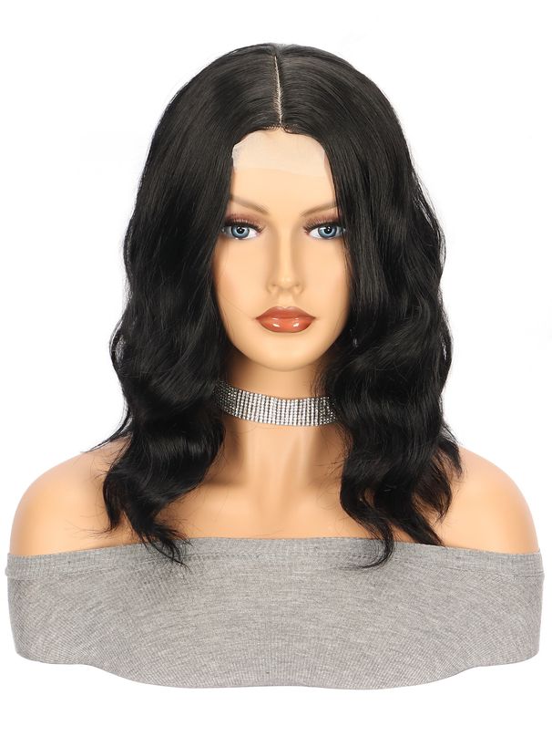 Peruki syntetyczne na klipsy Peruki z małą koronką Peruki syntetyczne Brązowe pasemka Fale wodne Krótkie kręcone włosy_voghion.com