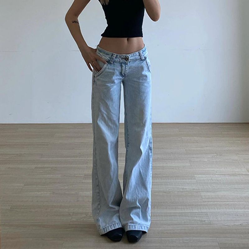 Damenbekleidung Retro High Street Jeans verwaschenes hellblaues Design gerade Wischhose lockere Hose_voghion.com