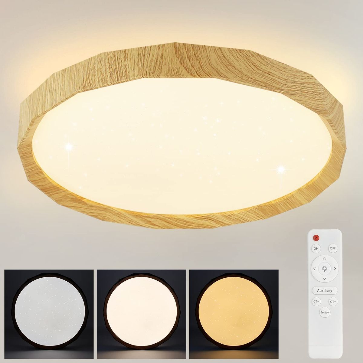 Glitzerlife Deckenlampe LED Deckenleuchte Wohnzimmer - Wohnzimmerlampe Holzoptik Ø40cm 43W Schlafzimmerlampe Dimmbar Mit Fernbedienung Boho Für Küche Flur_voghion.com