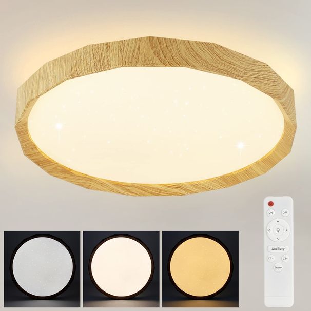 Glitzerlife Deckenlampe LED Deckenleuchte Wohnzimmer - Wohnzimmerlampe Holzoptik Ø40cm 43W Schlafzimmerlampe Dimmbar Mit Fernbedienung Boho Für Küche Flur_voghion.com
