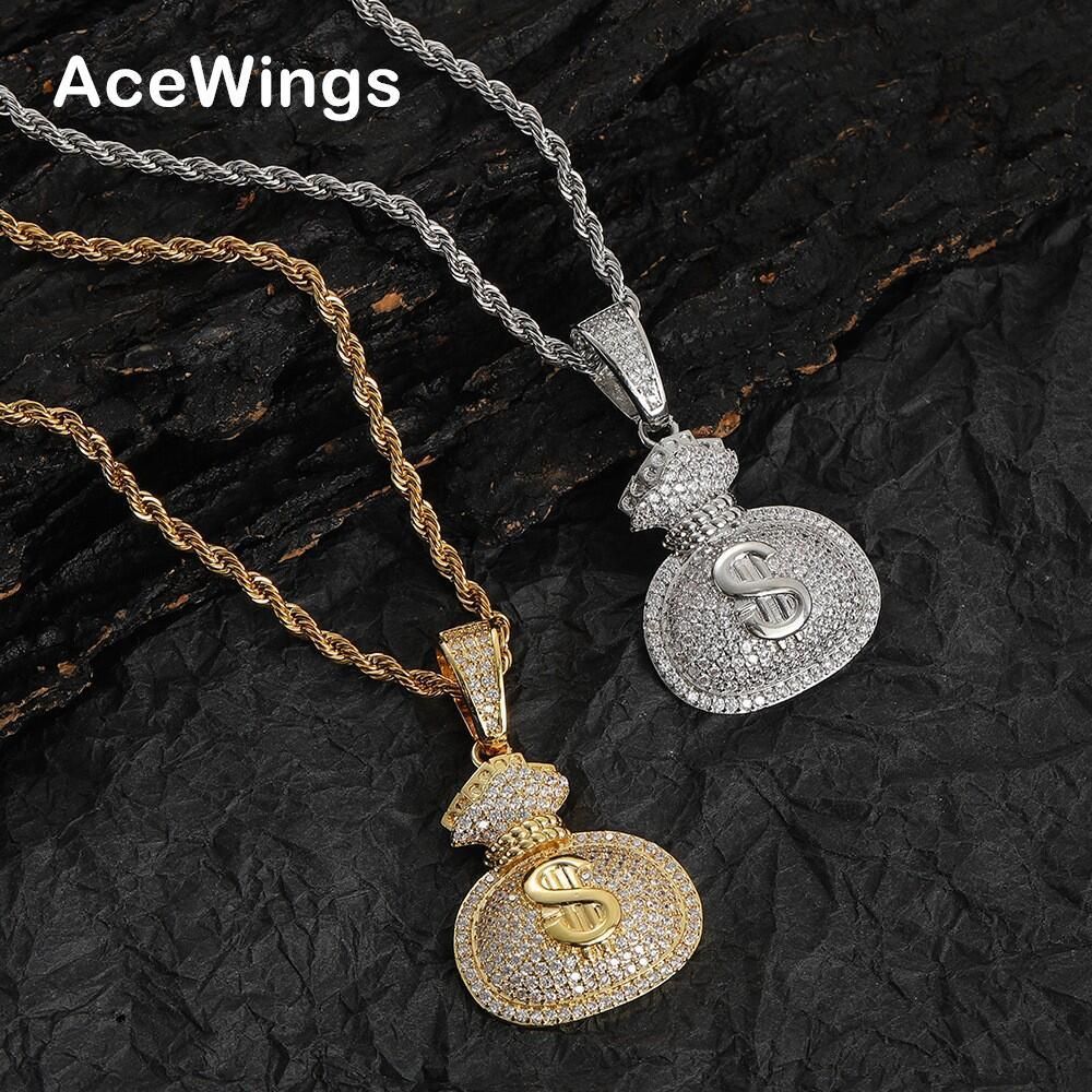 Collana hip hop a strati per uomo, con ciondolo a forma di borsa porta soldi in zircone pieno, dollaro, rame e pietra intarsiata_voghion.com