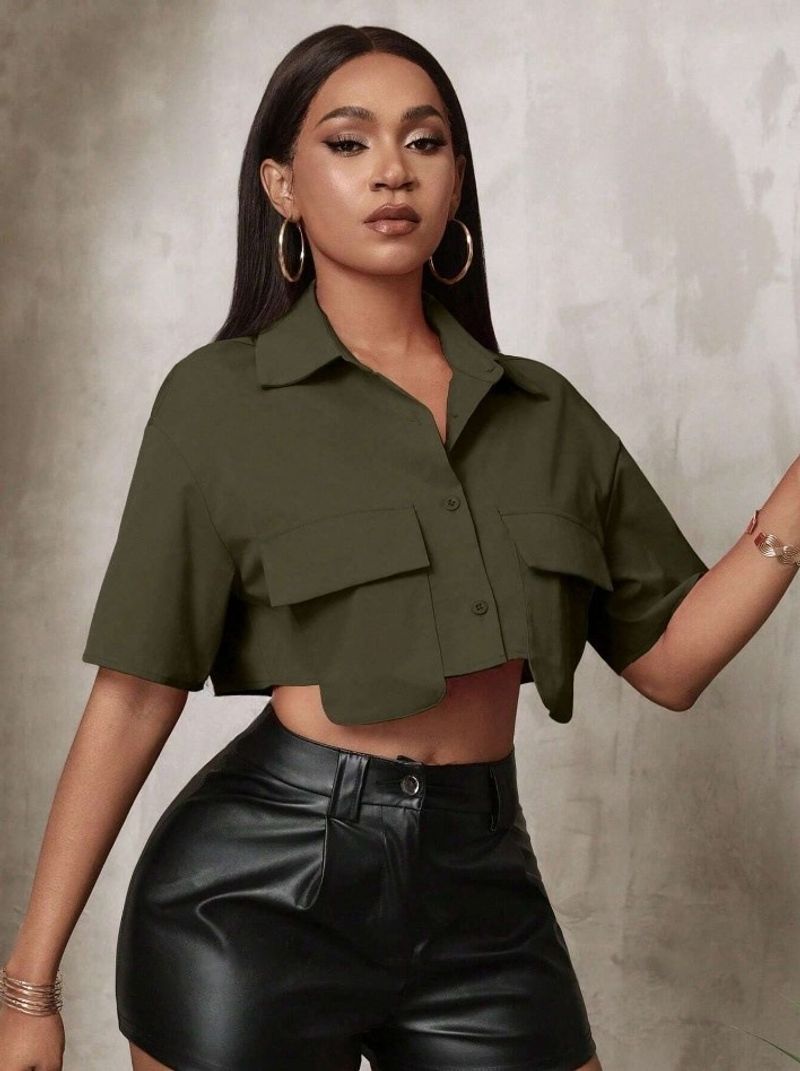 Women's Clothing Design Niche Lapel Loose Solid Color Cardigan Top Autumn And Winter New Temperament Double Pocket Short Shirt_voghion.com
