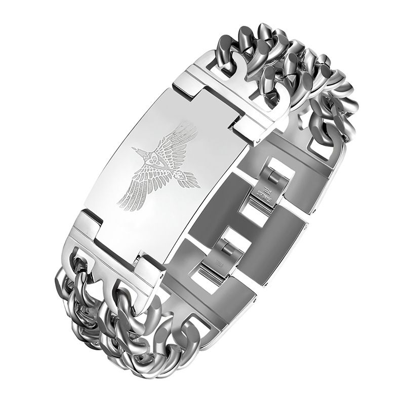 Bracciale cubano in acciaio al titanio da uomo, alla moda, audace, con nodo celtico, stile nordico vichingo e uccello runico_voghion.com