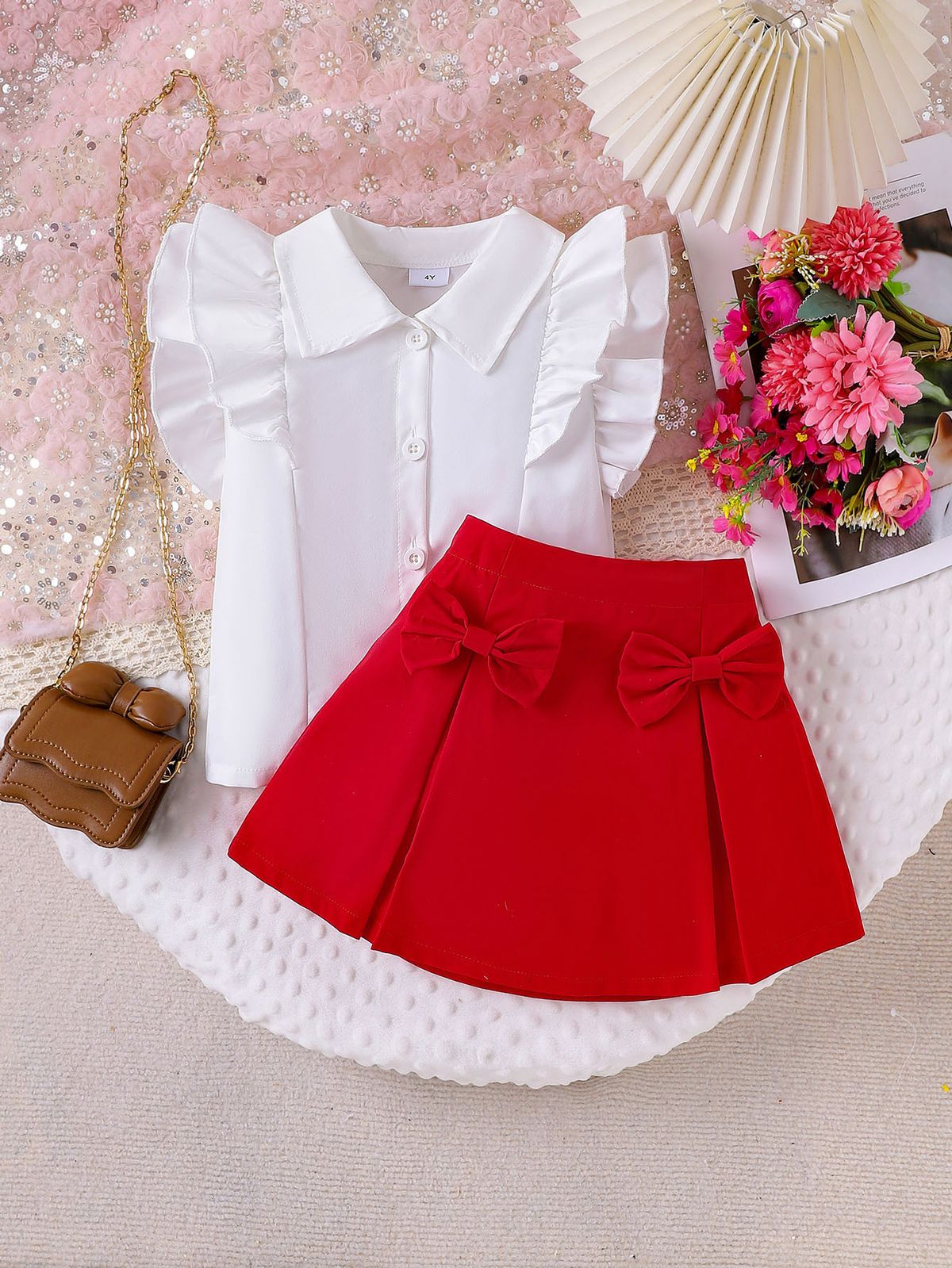 Kinderkleidung, neue Sommeranzüge für Mädchen, für kleine und mittelgroße Kinder, Hemd mit Revers und Spitzenärmeln + kurzer Rock mit Schleife_voghion.com