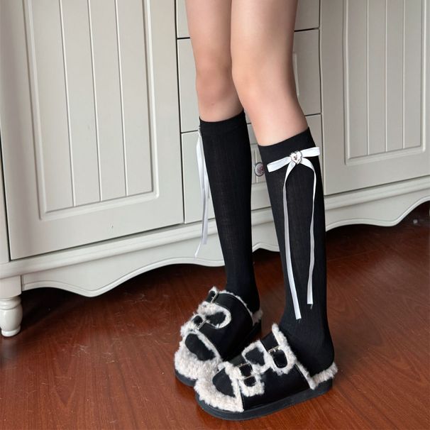 Chaussettes mi-mollet Lolita blanches amincissantes à boucle en forme de cœur et nœud fin, style collège_voghion.com
