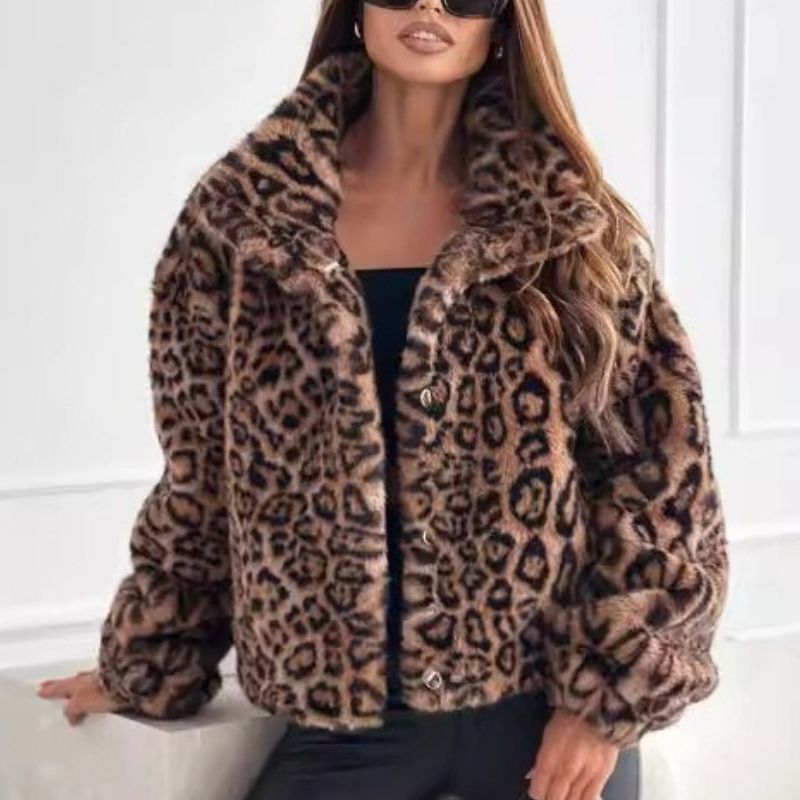 K Fashionable Personality New Furry Leopard Pattern Collarless Short Coat_voghion.com