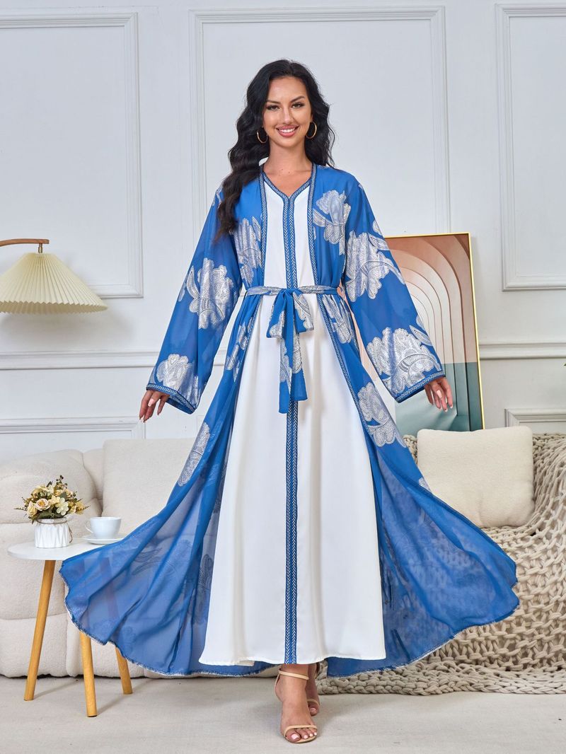 Damenbekleidung Naher Osten Arabische Kleidung Abaya Damenbekleidung V-Ausschnitt Langarm zweiteiliges Heißprägekleid_voghion.com