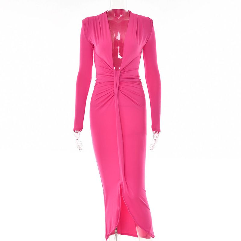 Vestito da donna classico alla moda, elegante, a maniche lunghe con scollo a V profondo e spalline, multicolore, aderente, sopra il ginocchio, ragazza sexy_voghion.com