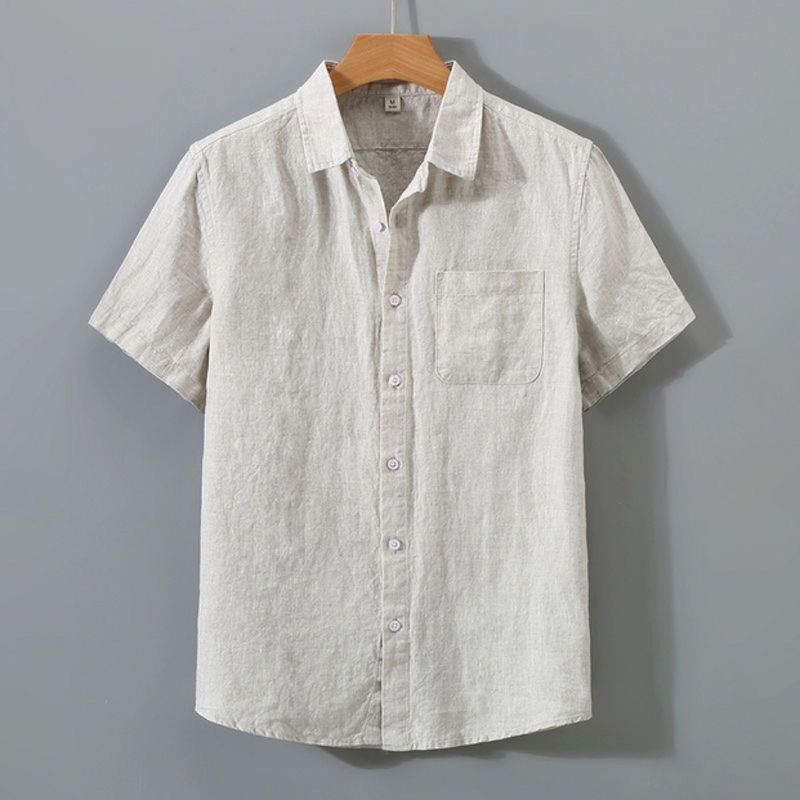Herrenbekleidung Retro Casual Dünnes Kurzarmhemd aus Baumwolle und Leinen_voghion.com