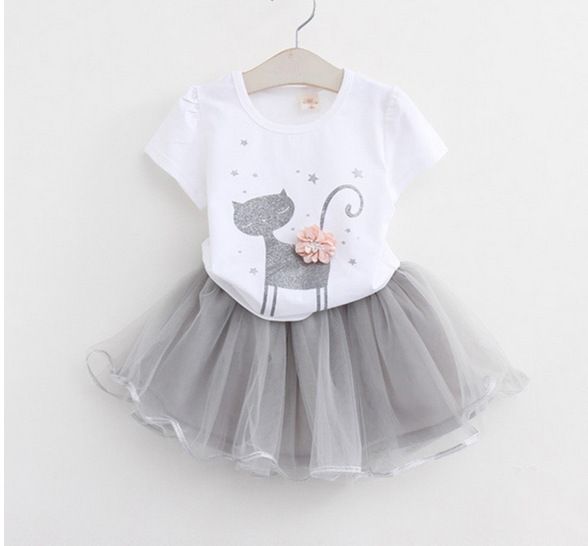 2024 Neues 3D-Blumen-T-Shirt + Gazerock für Mädchen, zweiteiliges Set mit Cartoon-Katze_voghion.com