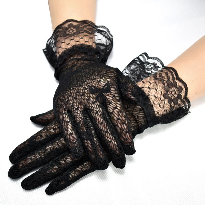 Women's Summer Sunscreen Plaid Mesh Bow Creative Black Lace Edge Ceremonial Gloves_voghion.com