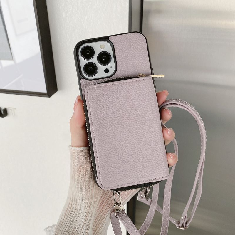 Mobile phone case zipper card holder diagonally applicable to Apple 14 mobile phone case Apple 13 promax litchi pattern protective cover 12 women_voghion.com