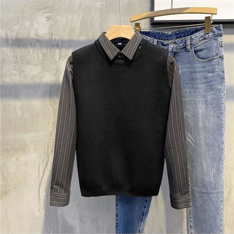 Herrenbekleidung Slim-Fit Retro Zweiteiler Pullover Nähte Hemdkragen Mantel_voghion.com