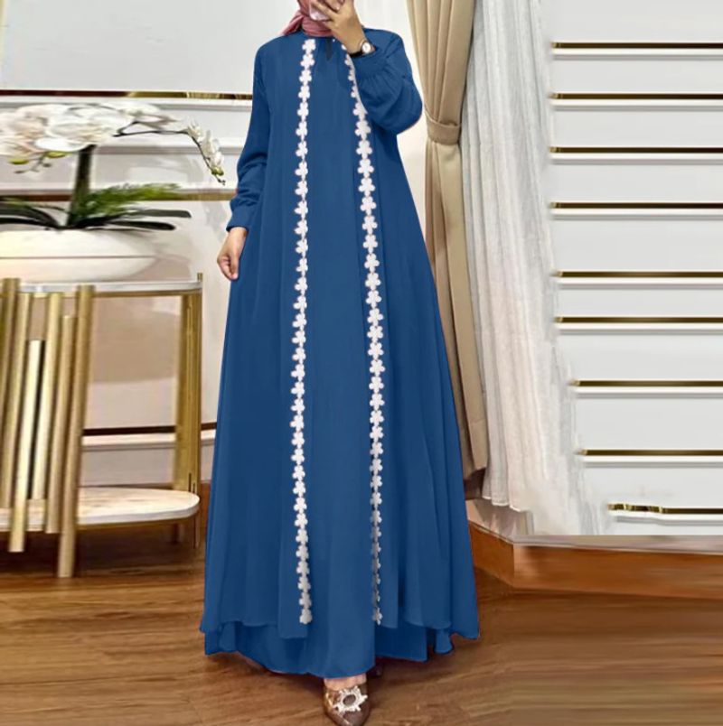 Damenbekleidung Neue muslimische Mode aus dem Nahen Osten, elegante, einfarbige, lockere, langärmelige Strickjacke aus Spitze, Robe-Kleid_voghion.com