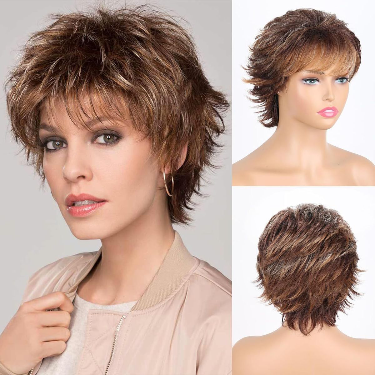 Synthetic Clip-in Wigs New Wig Brown Side Parted Short Straight Hair Reverse Curling Synthetic Fiber Headpiece_voghion.com