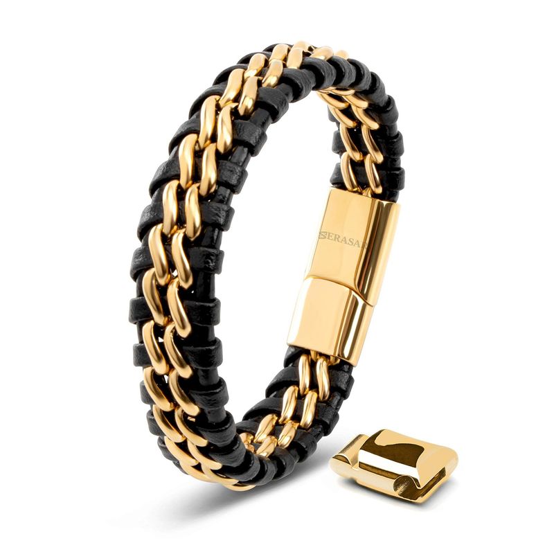 Bracciale in pelle con doppia catena incisa in oro e fibbia di estensione colorata in acciaio cubano al titanio intrecciato_voghion.com